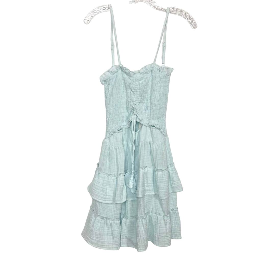 New OCEAN DRIVE Dress M Blue Gauze Ruffle Ruched Cutout Smock Tiered Bow Tassels
